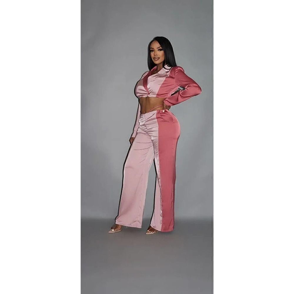 Colorblock‎ Crop Blazer With Matching Low Rise Wide Leg Pant Set With Pockets